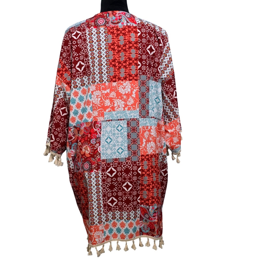 Tees2urdoor Red Patchwork Boho Kimono Tassel Fringe Open Front Wrap Cardigan - Picture 4 of 10